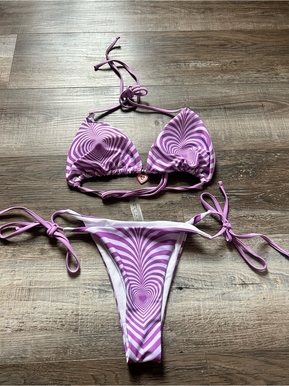 Purple Heart-Pattern String Bikini Top & Bottom - Women Swim